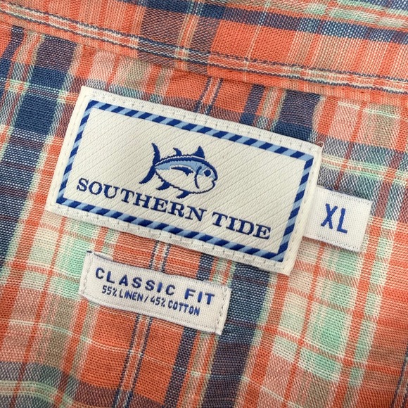 Southern Tide Mens XL Classic Fit Linen Blend Plaid Button Down Shirt Coral Blue - Picture 6 of 6